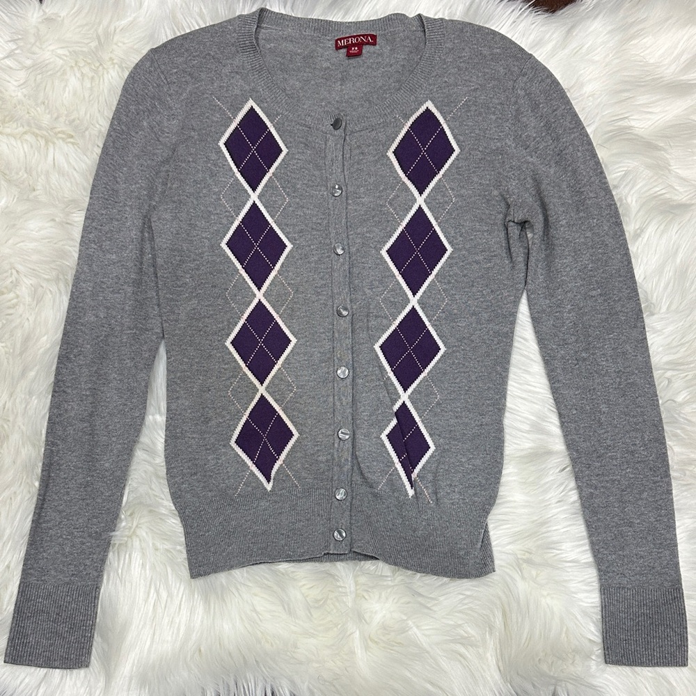 👉 Merona Gray Argyle Button Cardigan Sweater Purple Diamond Size XS